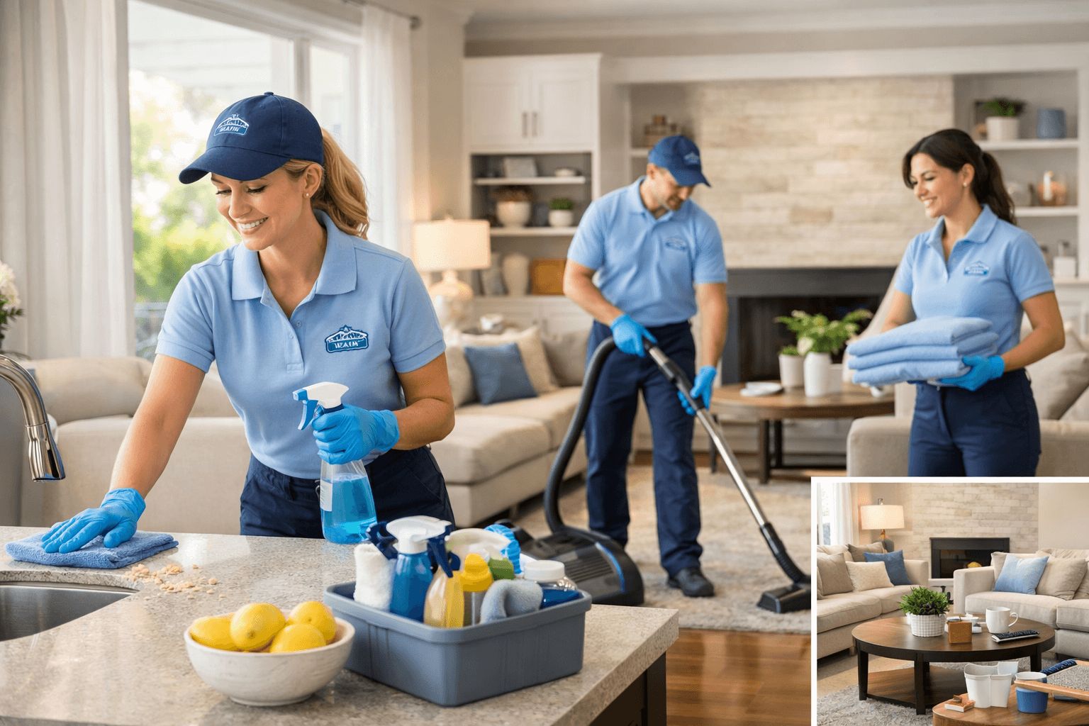 Professional uniformed home cleaning crew working inside a client home