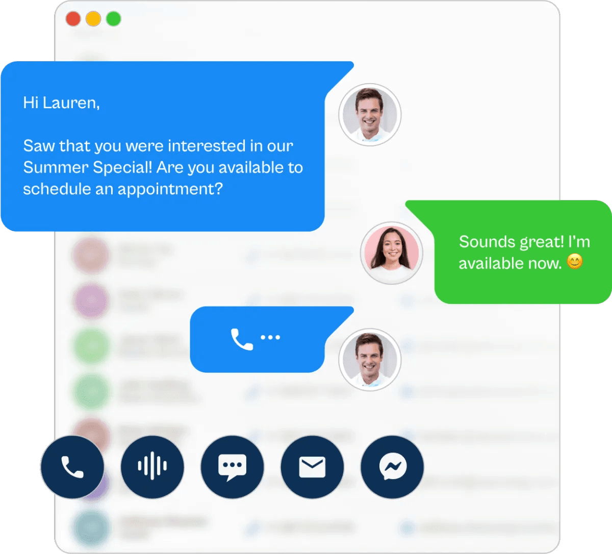 AI automatically following up with a lead by text and voice call, with phone, voice, chat, email, and Messenger channels