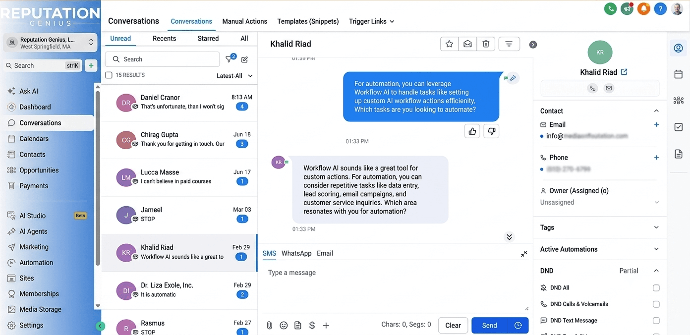 Reputation Genius unified inbox for two-way business text messaging, showing SMS, WhatsApp and email conversations with AI-powered replies