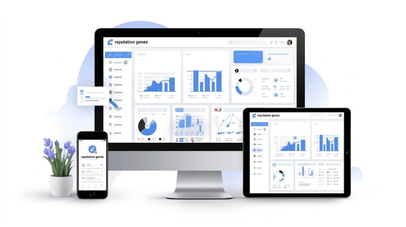 Reputation Genius AI marketing automation platform shown on desktop, tablet, and phone