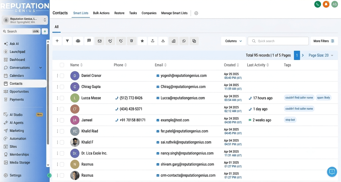 Reputation Genius CRM contacts database showing a searchable smart list of leads with name, phone, email, created date, last activity, and auto-applied tags