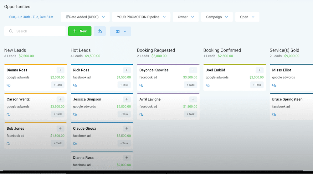Reputation Genius CRM sales pipeline showing leads moving through New Leads, Hot Leads, Booking Requested, Booking Confirmed, and Service Sold stages with lead source and deal value on each card