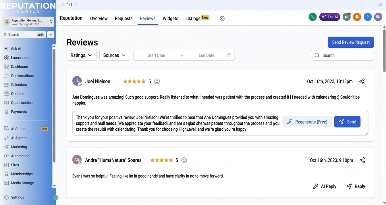 Reputation Genius reviews dashboard showing 5-star reviews with an AI-drafted reply ready to approve and send.