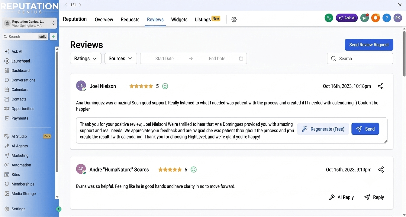 Reputation Genius reviews dashboard showing 5-star reviews with an AI-drafted reply ready to approve and send