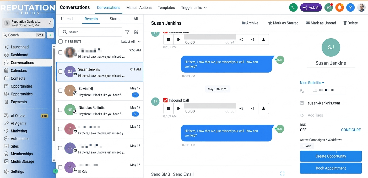 Reputation Genius automatically texting a customer back after a missed call, then booking the appointment