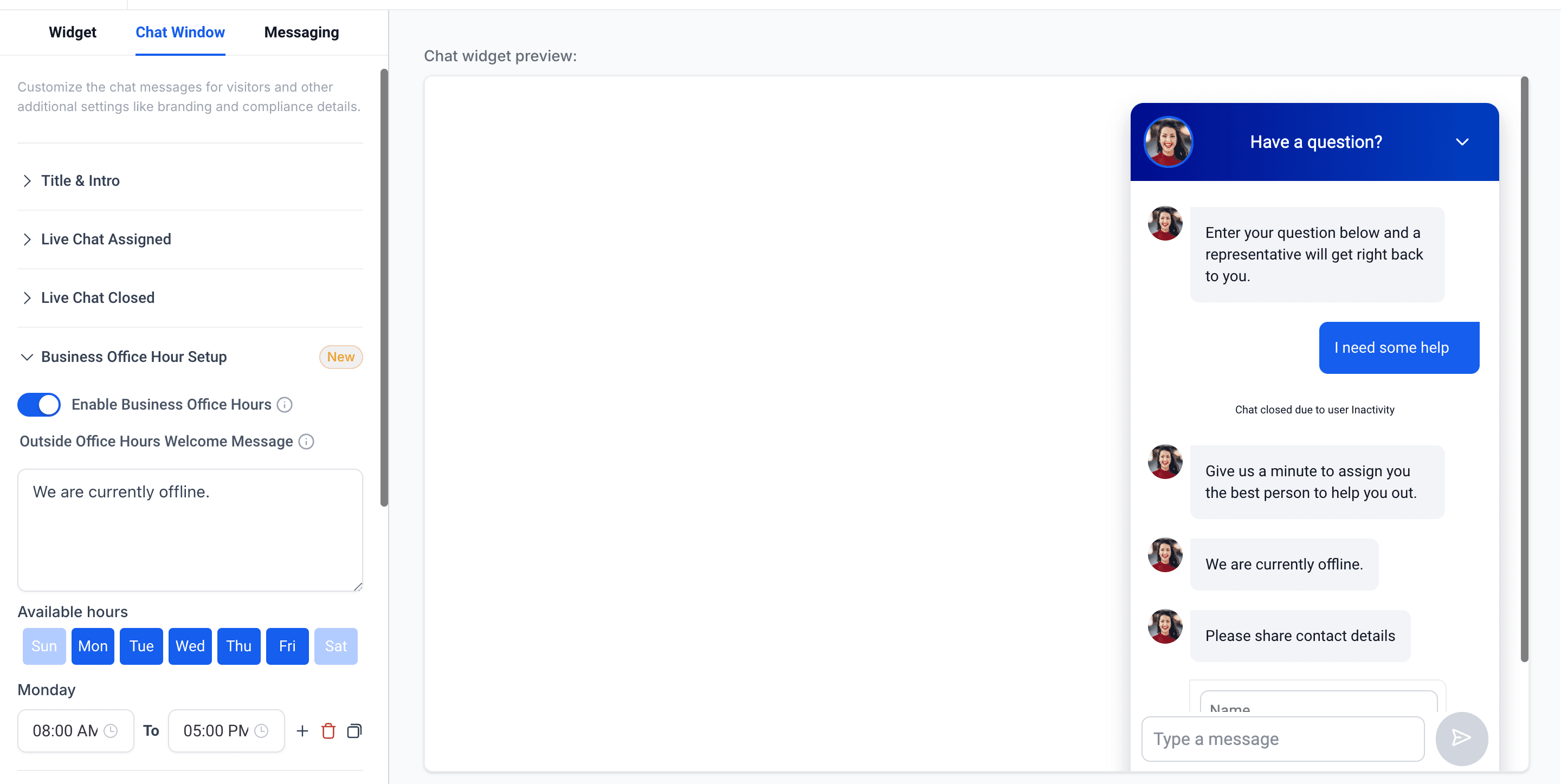 Reputation Genius webchat business office-hours setup with an offline away message and a form capturing the visitor's contact details after hours