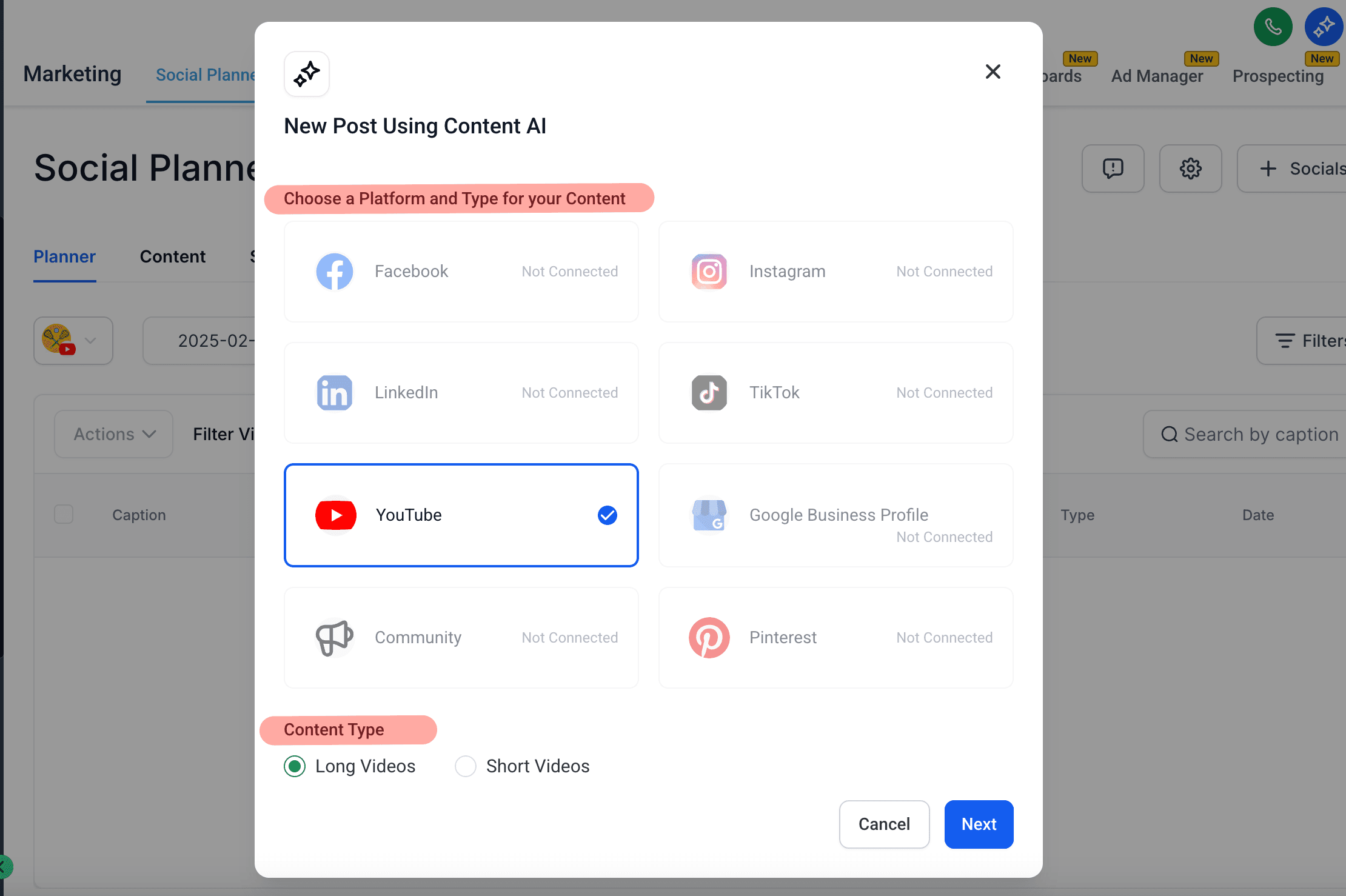 Reputation Genius social planner choosing a platform for an AI-generated post across Facebook, Instagram, LinkedIn, TikTok, YouTube, and more