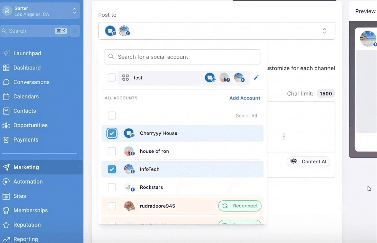 Reputation Genius social media planner selecting multiple social accounts to post to from one dashboard, with a live post preview
